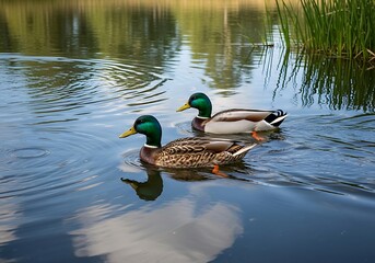 Obraz premium Peaceful pond scene featuring swimming ducks and cloud reflections