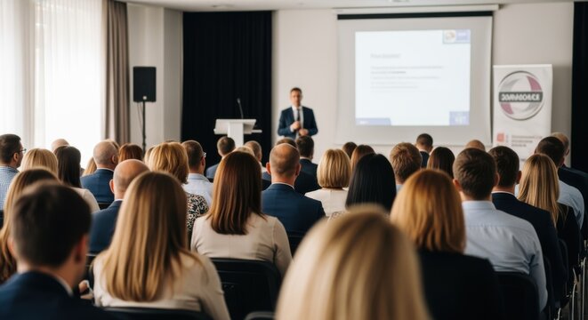 A speaker presents to an audience in a conference room, with a projection screen visible behind him.