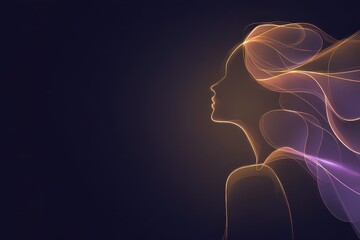 Neon line art woman's profile in abstract luminous portrait