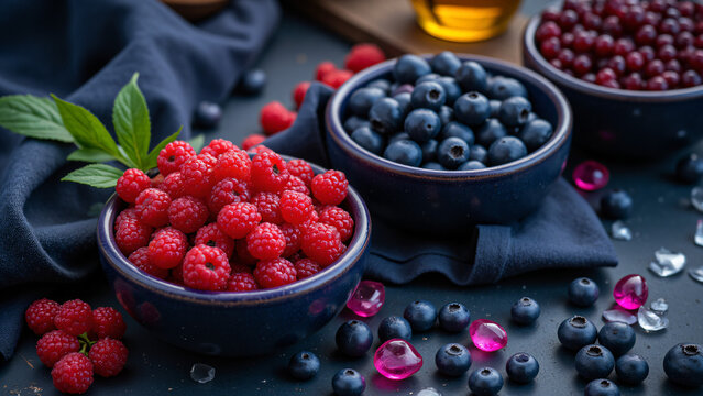 Frische Himbeeren, Heidelbeeren und Preiselbeeren in Schalen