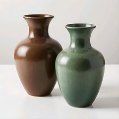 Title:
Two ceramic vases in brown and green with glossy finish on white surface