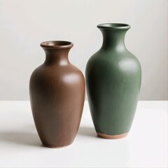 Title:
Two ceramic vases in brown and dark green with matte finish on white surface