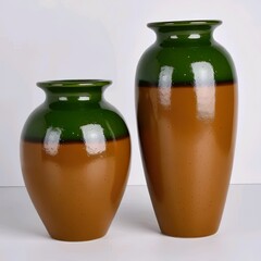 Title:
Two ceramic vases with dark green tops and brown bottoms in round and tall shapes