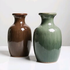 Title:
Two ceramic vases in brown and green-gray with glossy dripping glaze on white surface