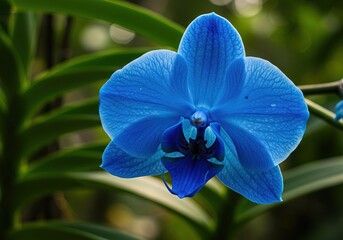 A single blue orchid flower with green leaf background