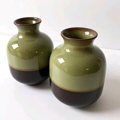 Title:
Two glossy olive green and dark brown ceramic vases on white surface