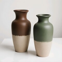 Title:
Two ceramic vases with brown and green tops and beige bottoms on white surface
