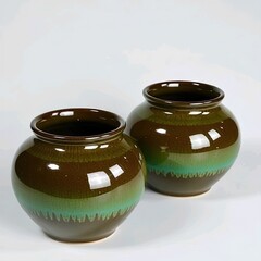 Title:
Two glossy ceramic vases in dark brown with turquoise drip pattern on white surface