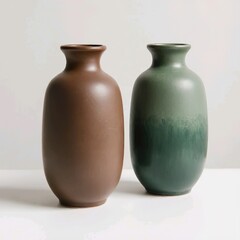 Title:
Two ceramic vases in brown and gradient green with matte finish on white surface