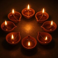 Traditional clay lamps in a circular arrangement with glowing light effects.