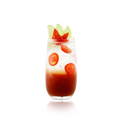 Isolated glass of tomato sparkling water with bright red color, soda juice