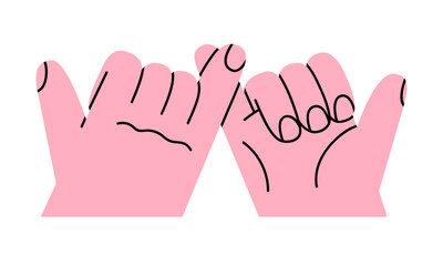 Obraz premium Hand drawn cute illustration two hands little finger crossing. Flat vector pinky promise doodle style. Friendship icon. Love romantic couple print. Swear or oath. Childhood gesture. Isolated.