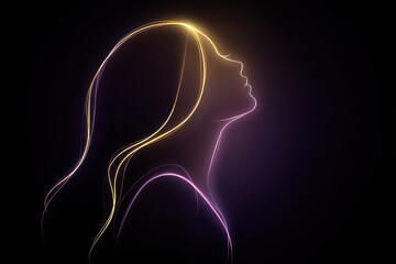 Neon line art portrait of elegant woman in luminous profile on dark background