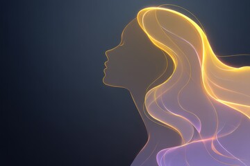 Neon line art of elegant woman’s profile with glowing hair