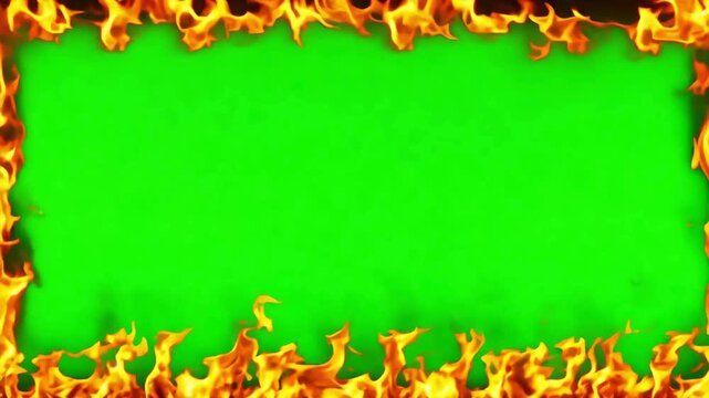Dynamic fire flames loop around the border of a green screen, creating a burning frame. This overlay is perfect for dramatic, hell, or energetic video projects