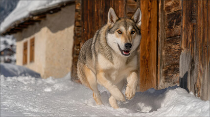 playful dog joyfully leaps in snow near cozy house essence of winter fun