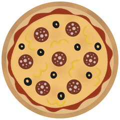 pizza with pepperoni, olives and bell pepper