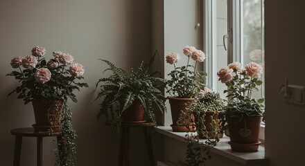 Potted roses and ferns by a window in soft light setting