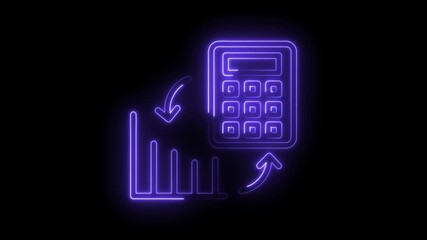 Glowing neon animation of calculator and graph showing business finance data analysis cycle