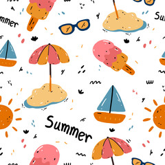 A cheerful, hand-drawn seamless pattern depicting summer fun with ice cream, umbrellas, sailboats, and sun. Ideal for beach themes, textiles, and seasonal backgrounds.