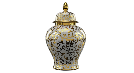 An ornate chinese porcelain vase with intricate gold and black floral designs isolated on transparent background, showcasing its exquisite craftsmanship and traditional artistry, perfect for adding a 