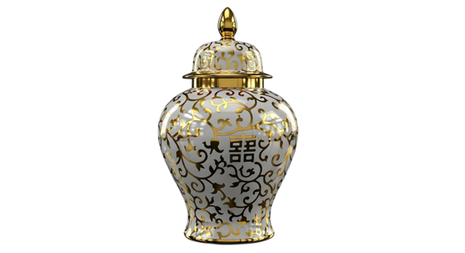 An ornate chinese porcelain vase with intricate gold and black floral designs isolated on transparent background, showcasing its exquisite craftsmanship and traditional artistry, perfect for adding a 