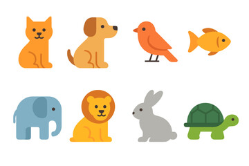 Naklejka premium Vibrant flat animal icons with glowing effects: cat, dog, bird, fish, elephant, lion, rabbit, turtle