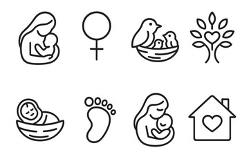 Heartfelt symbols of motherhood love and family in black and gray icons