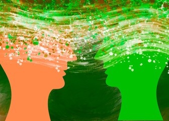 Disegno colorato grafico comunicazione. Dialogo. Telepatia. Empatia. Amore. Social network 