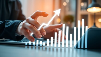 Close-up of hands interacting with a glowing upward trending bar graph and arrow on a desk with laptop