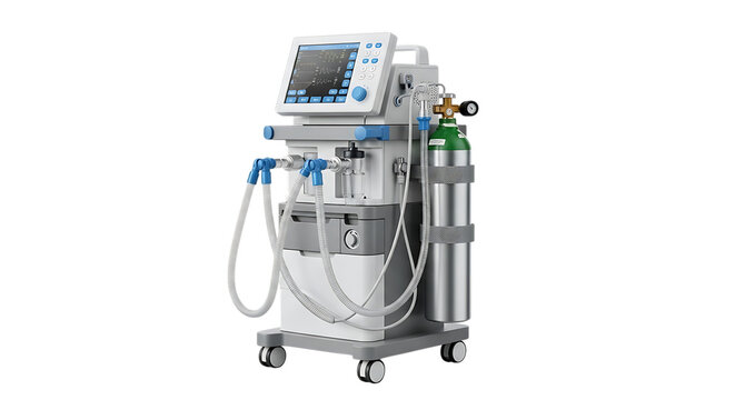 Modern Medical Ventilator with Oxygen Cylinder and Tubes on Black Background respiratory support life support system