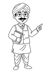 Indian teacher cartoon illustration in traditional attire with book