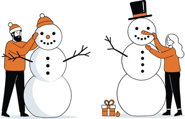 Cartoon Snowman Icons Featuring Festive Characters, Winter Scene, Carrot Nose, Holiday Decor, Gift Box, Red Hat, and Playful Mood
