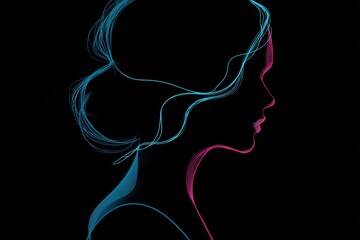 Neon line art of woman's elegant profile in abstract glow