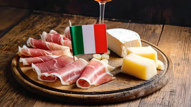 Cinematic video of Italian prosciutto and cheese platter with small Italian flag on rustic wooden board, smooth camera pan with golden light reflections highlighting authentic gourmet antipasto tradit