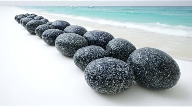 A row of smooth, dark stones sits perfectly on a white beach, leading to the ocean.