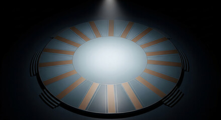 Circular Architectural Element with Radiating Design Illuminated by a Single Spotlight overhead, Creating a Dramatic Visual Effect