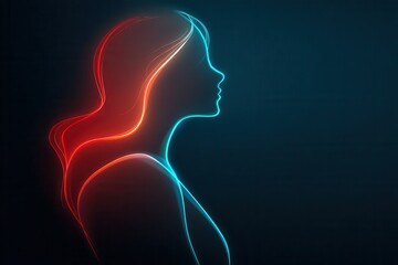 Neon line art: elegant woman's profile in glowing silhouette