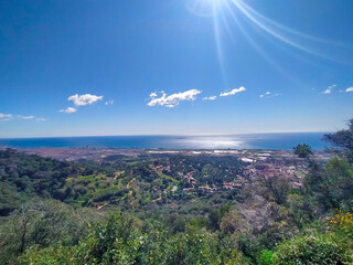 Fototapeta premium sunset in the mountains views of the Mediterranean Sea near Mataró, Cabrera de Mar, Vilassar de Mar from the Burriac Castle, in Cabrera de Mar, Maresme.