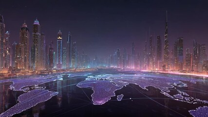 Futuristic cityscape at night with glowing skyscrapers reflected on the water surface, where a luminous world map with a global data network symbolizes international connections and technology - Powered by Adobe