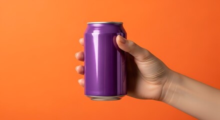 Hand holding a purple soda can against an orange background