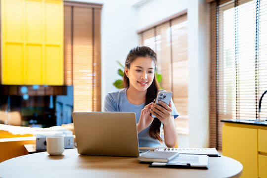 Young woman use cellphone share text messages in social media, enjoy new vlog, watch internet content take break from work on laptop. Tech, e-services, mobile app usage concept.