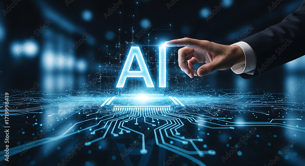 Poster hand touches glowing ai lettering with a circuit board pattern in a futuristic technology setting.