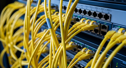 Close up of ethernet cables plugged into network switch ports in a server room