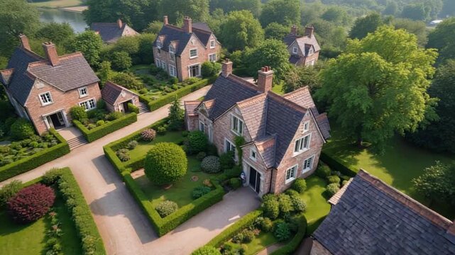 Village houses and gardens top view