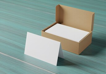 White blank business cards in a brown paper box for branding identity mockup. A folded card stands in front on a teal wooden desk