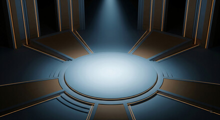 Futuristic Podium Arena with Striking Blue and Gold Color Palette and Illuminating Spotlight Displaying Technological Advancement and Sophistication