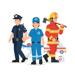 Police officer, paramedic, and firefighter walking together.