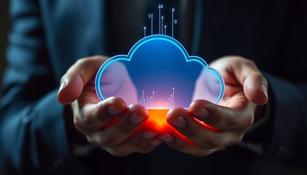 Person holding a luminous blue cloud icon with digital data and binary code streams cloud computing technology