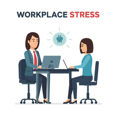 Two businesswomen in a meeting, discussing workplace stress, with a lightbulb icon suggesting solutions.